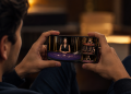 Hombre viendo un casino en vivo con crupier en la pantalla de un teléfono