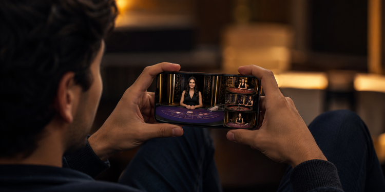 Hombre viendo un casino en vivo con crupier en la pantalla de un teléfono